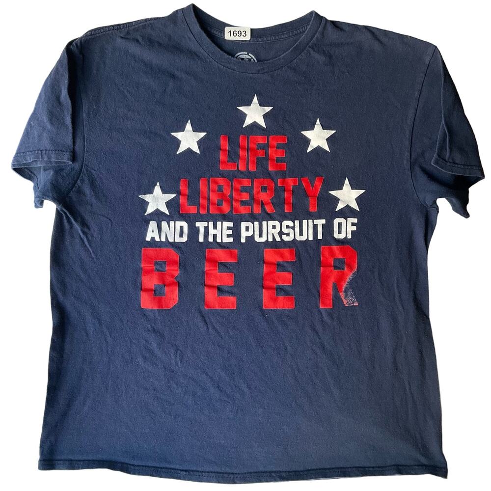 H Men’s Short Sleeve T-shirt size L, Blue, Life Liberty and The Pursuit Of Beer